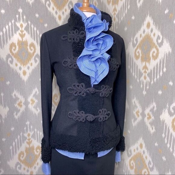 Ralph Lauren Black Wool Flannel Lamb Fur Trimmed Passementerie Military Jacket - Picture 4 of 17